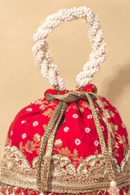 Amyra_Red Embroidery, Pearls Bandhani Pattern Potli Bag_Online_at_Aza_Fashions