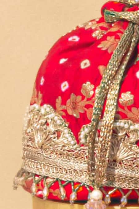 Buy_Amyra_Red Embroidery, Pearls Bandhani Pattern Potli Bag_Online_at_Aza_Fashions
