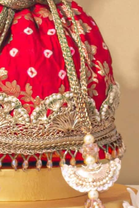 Shop_Amyra_Red Embroidery, Pearls Bandhani Pattern Potli Bag_Online_at_Aza_Fashions