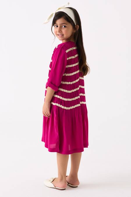 Shop Three Fuchsia Crepe Twill Tape Smocking Detail Dress at Aza Fashions Shop_Three_Fuchsia Crepe Twill Tape Smocking Detail Dress _at_Aza_Fashions