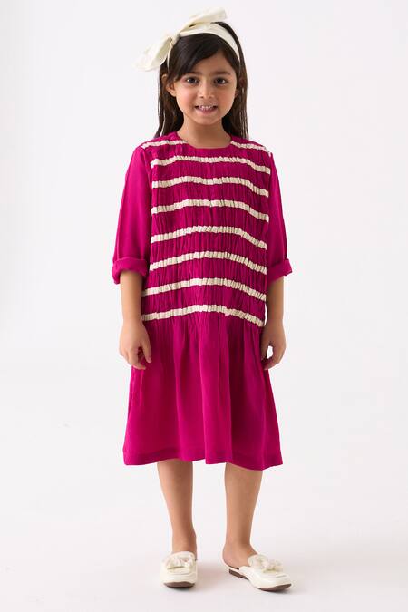 Three Fuchsia Crepe Twill Tape Smocking Detail Dress Online at Aza Fashions Three_Fuchsia Crepe Twill Tape Smocking Detail Dress _Online_at_Aza_Fashions