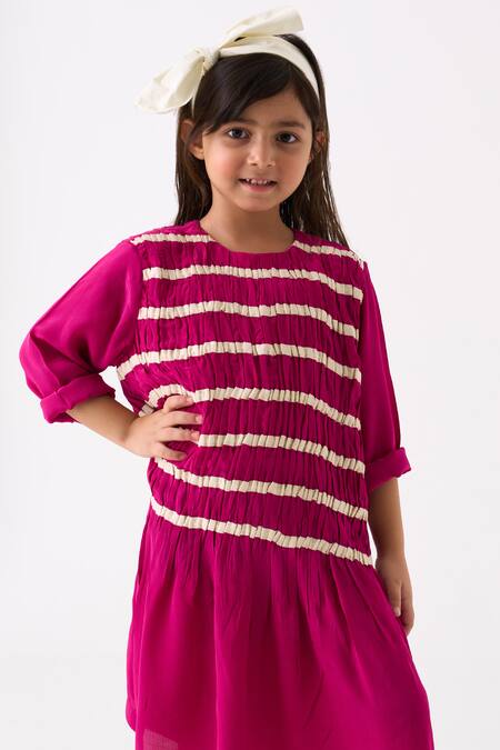 Shop Three Fuchsia Crepe Twill Tape Smocking Detail Dress Online at Aza Fashions Shop_Three_Fuchsia Crepe Twill Tape Smocking Detail Dress _Online_at_Aza_Fashions