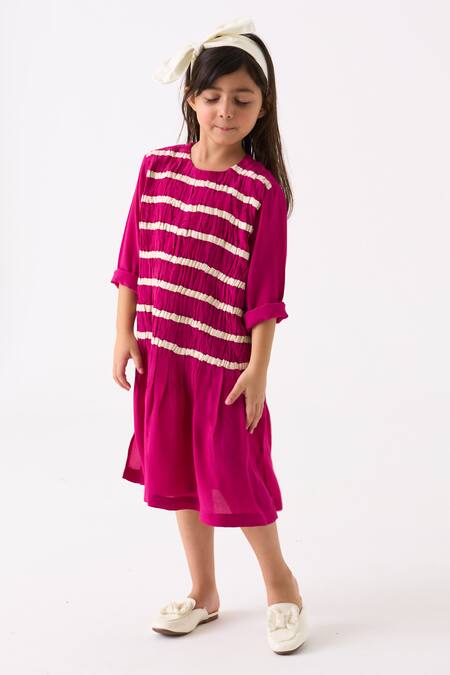Three Fuchsia Crepe Twill Tape Smocking Detail Dress at Aza Fashions Three_Fuchsia Crepe Twill Tape Smocking Detail Dress _at_Aza_Fashions