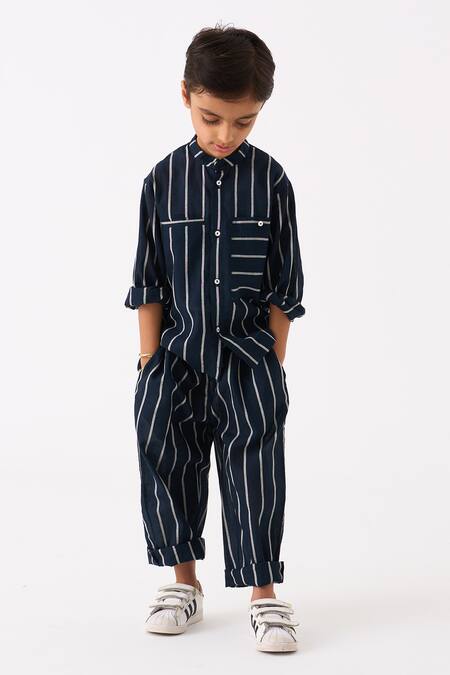 Three_Black Mul Printed Stripe Hand Woven Shirt_Online_at_Aza_Fashions