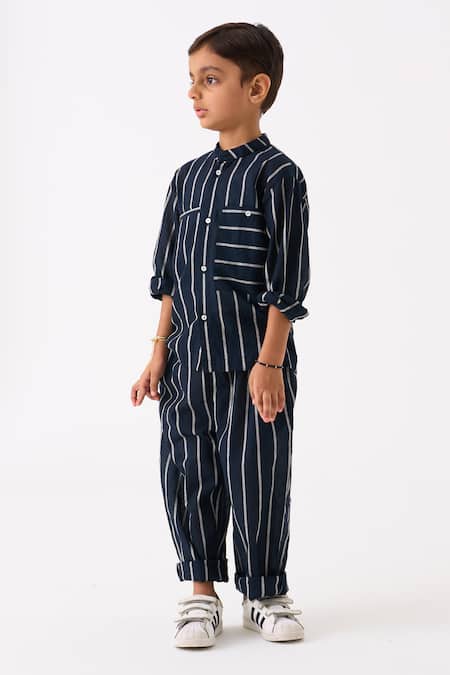 Shop_Three_Black Mul Printed Stripe Hand Woven Shirt_Online_at_Aza_Fashions