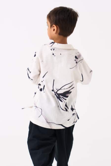 Shop Three White Handloom Cotton Printed Floral Hand Woven Shirt at Aza Fashions Shop_Three_White Handloom Cotton Printed Floral Hand Woven Shirt _at_Aza_Fashions