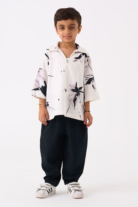 Three White Handloom Cotton Printed Floral Hand Woven Shirt Online at Aza Fashions Three_White Handloom Cotton Printed Floral Hand Woven Shirt _Online_at_Aza_Fashions