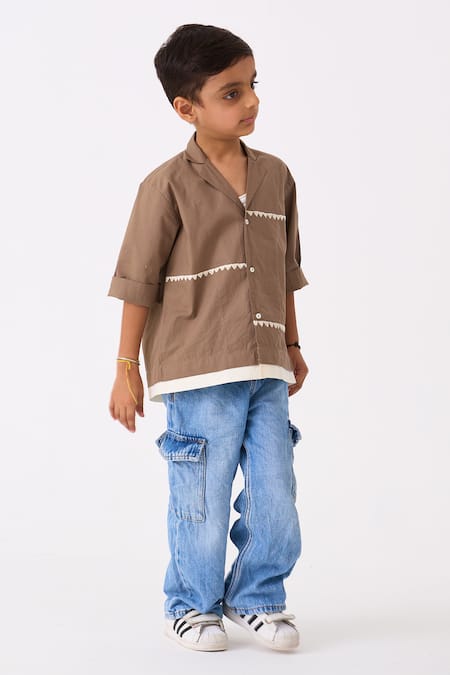 Three Brown Poplin Embroidered Thread Triangle Shirt at Aza Fashions Three_Brown Poplin Embroidered Thread Triangle Shirt _at_Aza_Fashions