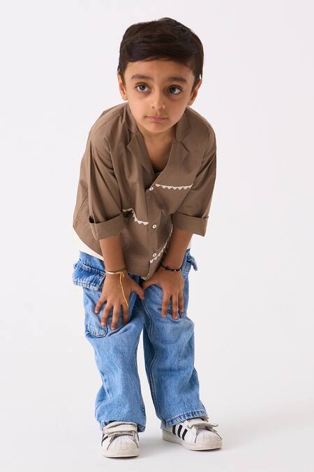 Buy Three Brown Poplin Embroidered Thread Triangle Shirt Buy_Three_Brown Poplin Embroidered Thread Triangle Shirt