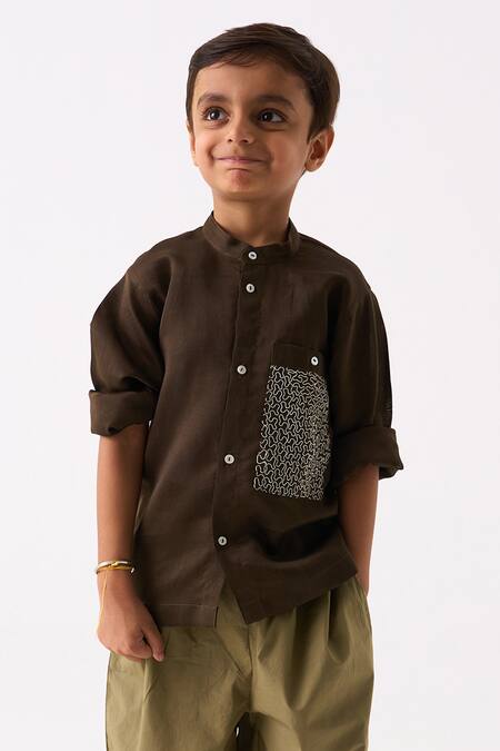 Shop Three Green Chanderi Embroidered Thread Pocket Shirt Online at Aza Fashions Shop_Three_Green Chanderi Embroidered Thread Pocket Shirt _Online_at_Aza_Fashions