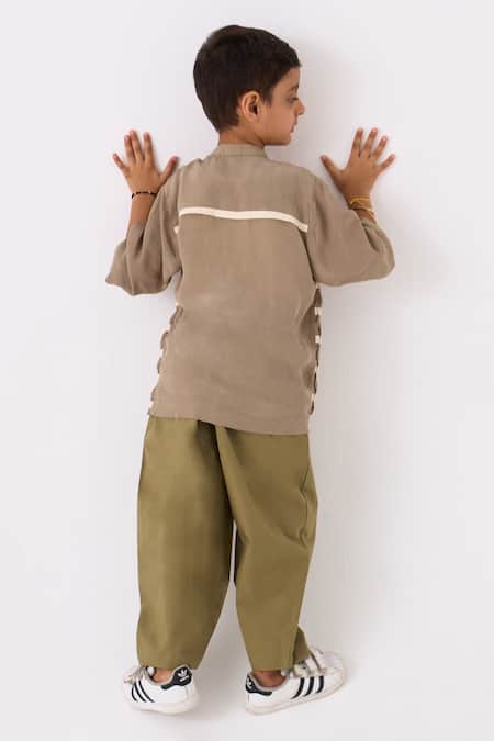 Shop Three Grey Crepe Embroidered Twill Tape Smocked Stripe Work Shirt at Aza Fashions Shop_Three_Grey Crepe Embroidered Twill Tape Smocked Stripe Work Shirt _at_Aza_Fashions