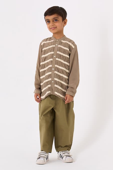 Three Grey Crepe Embroidered Twill Tape Smocked Stripe Work Shirt Online at Aza Fashions Three_Grey Crepe Embroidered Twill Tape Smocked Stripe Work Shirt _Online_at_Aza_Fashions