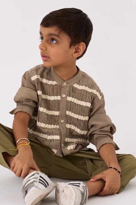 Buy Three Grey Crepe Embroidered Twill Tape Smocked Stripe Work Shirt Online at Aza Fashions Buy_Three_Grey Crepe Embroidered Twill Tape Smocked Stripe Work Shirt _Online_at_Aza_Fashions