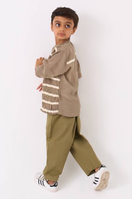 Shop Three Grey Crepe Embroidered Twill Tape Smocked Stripe Work Shirt Online at Aza Fashions Shop_Three_Grey Crepe Embroidered Twill Tape Smocked Stripe Work Shirt _Online_at_Aza_Fashions