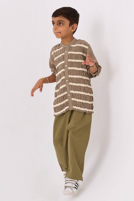 Three Grey Crepe Embroidered Twill Tape Smocked Stripe Work Shirt at Aza Fashions Three_Grey Crepe Embroidered Twill Tape Smocked Stripe Work Shirt _at_Aza_Fashions