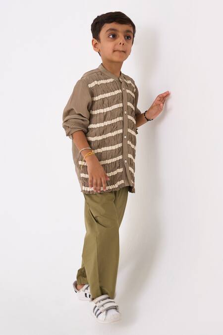 Buy Three Grey Crepe Embroidered Twill Tape Smocked Stripe Work Shirt Buy_Three_Grey Crepe Embroidered Twill Tape Smocked Stripe Work Shirt