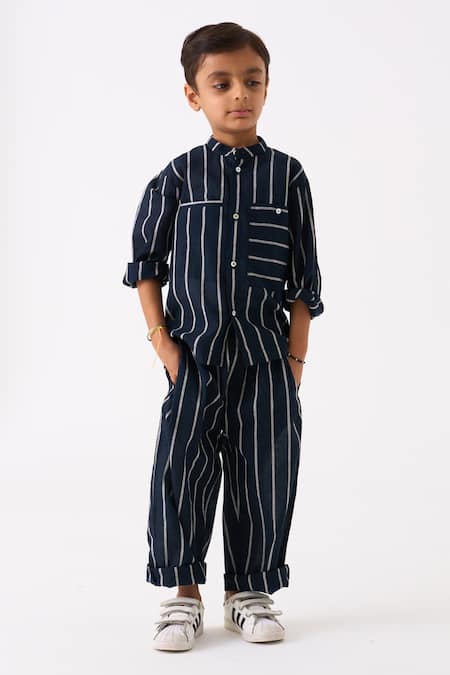 THREE Stripe Print Hand Woven Shirt With Pant 