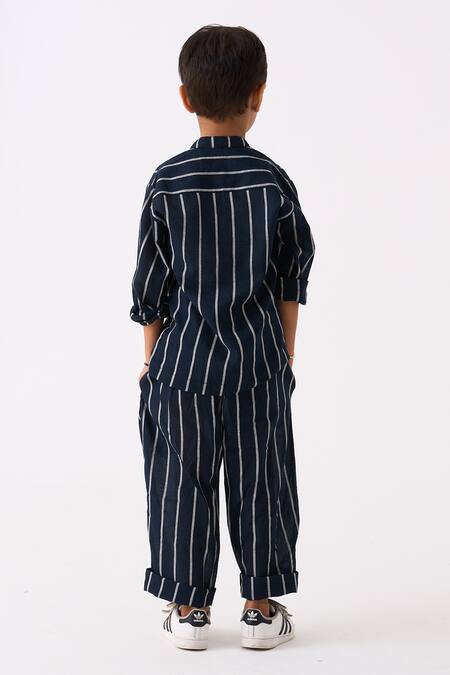 Shop Three Black Mul Printed Stripe Hand Woven Shirt With Pant at Aza Fashions Shop_Three_Black Mul Printed Stripe Hand Woven Shirt With Pant_at_Aza_Fashions