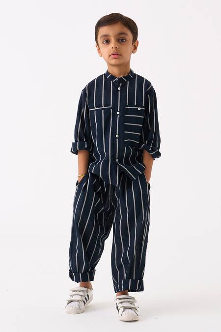 Three Black Mul Printed Stripe Hand Woven Shirt With Pant Online at Aza Fashions Three_Black Mul Printed Stripe Hand Woven Shirt With Pant_Online_at_Aza_Fashions