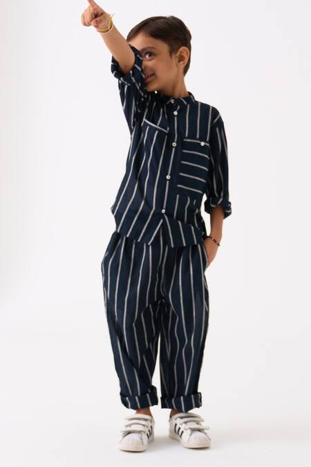 Buy Three Black Mul Printed Stripe Hand Woven Shirt With Pant Online at Aza Fashions Buy_Three_Black Mul Printed Stripe Hand Woven Shirt With Pant_Online_at_Aza_Fashions