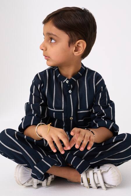 Buy Three Black Mul Printed Stripe Hand Woven Shirt With Pant Buy_Three_Black Mul Printed Stripe Hand Woven Shirt With Pant