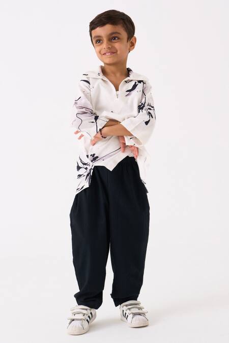 Buy Three White Handloom Cotton Printed Floral Hand Woven Shirt With Pant Online at Aza Fashions Buy_Three_White Handloom Cotton Printed Floral Hand Woven Shirt With Pant _Online_at_Aza_Fashions