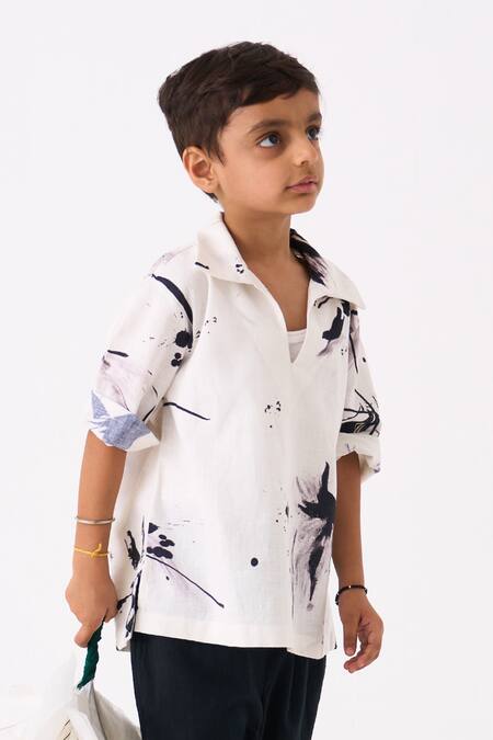Three White Handloom Cotton Printed Floral Hand Woven Shirt With Pant at Aza Fashions Three_White Handloom Cotton Printed Floral Hand Woven Shirt With Pant _at_Aza_Fashions