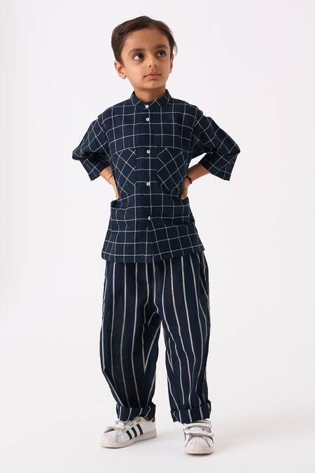 Three Black Mul Printed Checks Hand Woven Shirt With Pant Online at Aza Fashions Three_Black Mul Printed Checks Hand Woven Shirt With Pant_Online_at_Aza_Fashions
