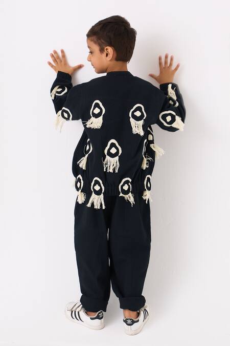 Shop_Three_Black Handloom Cotton Embroidered Fringe Bomber Jacket With Pant _at_Aza_Fashions