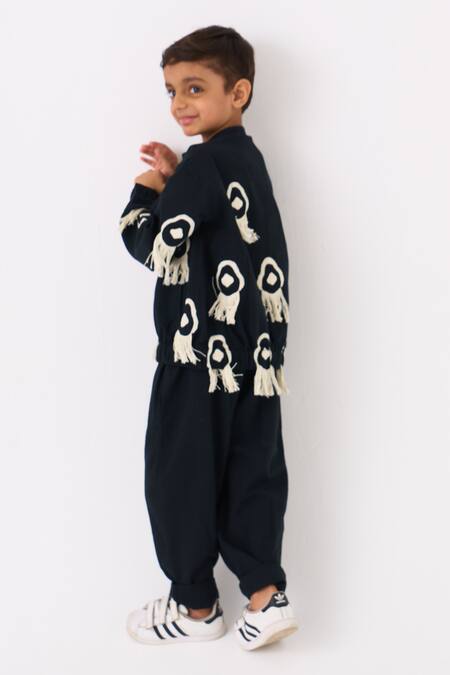 Three_Black Handloom Cotton Embroidered Fringe Bomber Jacket With Pant _Online_at_Aza_Fashions
