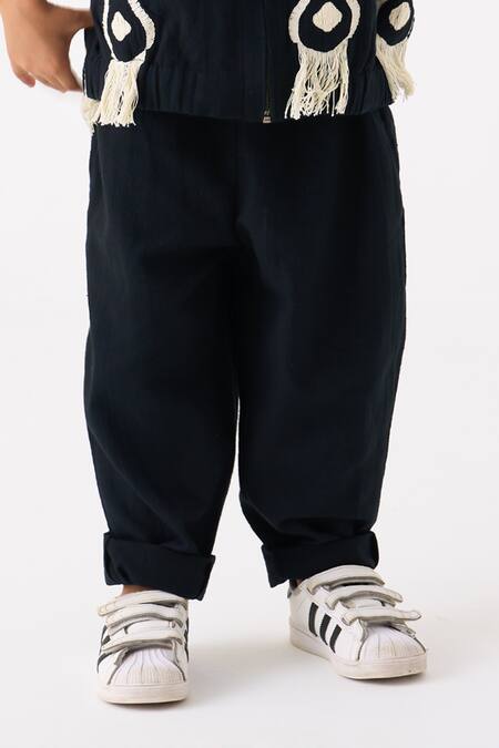 Buy_Three_Black Handloom Cotton Embroidered Fringe Bomber Jacket With Pant _Online_at_Aza_Fashions