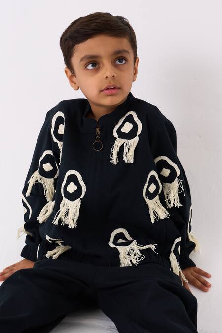 Shop_Three_Black Handloom Cotton Embroidered Fringe Bomber Jacket With Pant _Online_at_Aza_Fashions