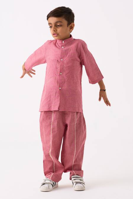 Three_Pink Mul Printed Checks Hand Woven Pattern Shirt With Pant_Online_at_Aza_Fashions