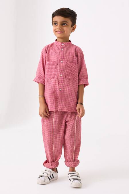 Buy_Three_Pink Mul Printed Checks Hand Woven Pattern Shirt With Pant_Online_at_Aza_Fashions