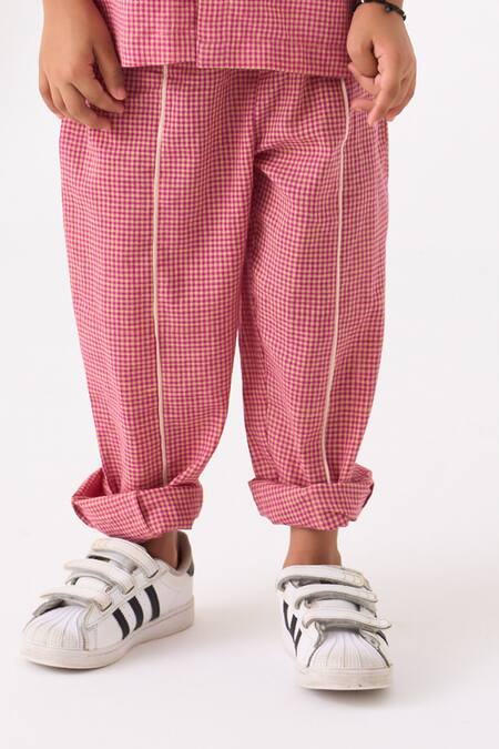 Shop_Three_Pink Mul Printed Checks Hand Woven Pattern Shirt With Pant_Online_at_Aza_Fashions