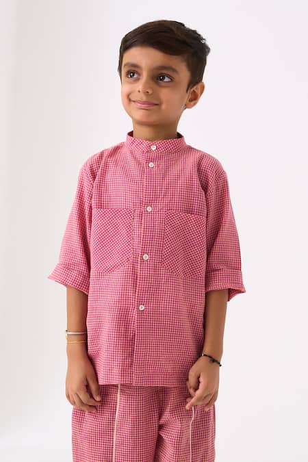 Three_Pink Mul Printed Checks Hand Woven Pattern Shirt With Pant_at_Aza_Fashions