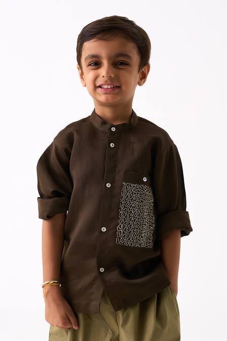 Shop Three Green Shirt Chanderi Embroidered Thread Pocket And Pant Set Online at Aza Fashions Shop_Three_Green Shirt Chanderi Embroidered Thread Pocket And Pant Set _Online_at_Aza_Fashions