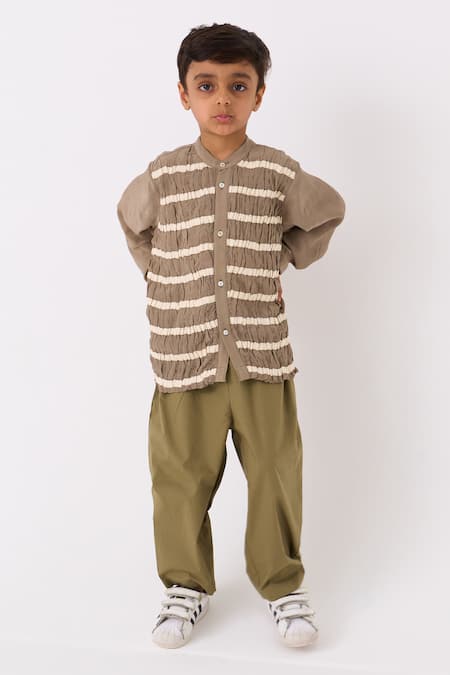 THREE Smocked Stripe Work Shirt With Pant 