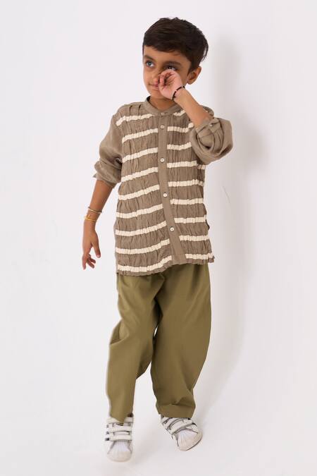 Shop Three Grey Shirt Crepe Embroidered Twill Tape Smocked Stripe Work With Pant at Aza Fashions Shop_Three_Grey Shirt Crepe Embroidered Twill Tape Smocked Stripe Work With Pant _at_Aza_Fashions