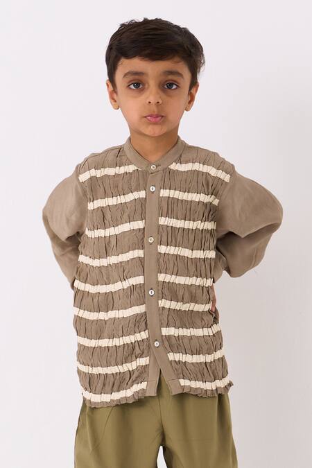 Buy Three Grey Shirt Crepe Embroidered Twill Tape Smocked Stripe Work With Pant Buy_Three_Grey Shirt Crepe Embroidered Twill Tape Smocked Stripe Work With Pant