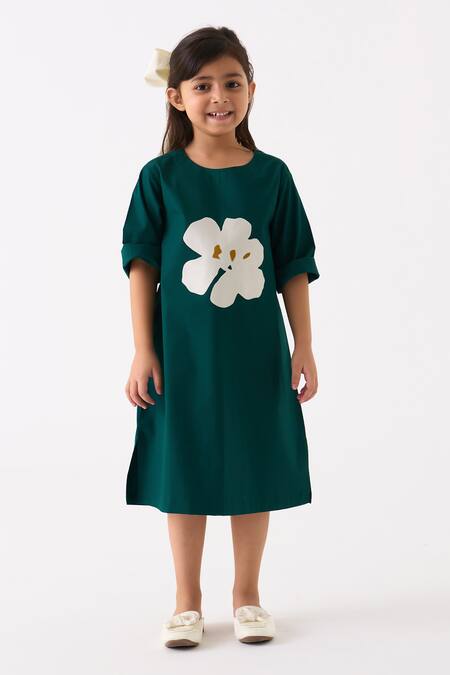 Three Green Poplin Applique Floral Work Dress Online at Aza Fashions Three_Green Poplin Applique Floral Work Dress _Online_at_Aza_Fashions
