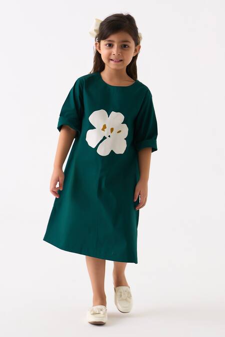 Shop Three Green Poplin Applique Floral Work Dress Online at Aza Fashions Shop_Three_Green Poplin Applique Floral Work Dress _Online_at_Aza_Fashions