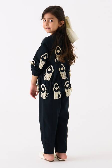 Shop_Three_Black Handloom Cotton Embroidered Fringe Bomber Jacket _at_Aza_Fashions