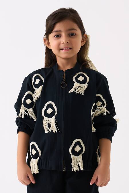 Buy_Three_Black Handloom Cotton Embroidered Fringe Bomber Jacket _Online_at_Aza_Fashions