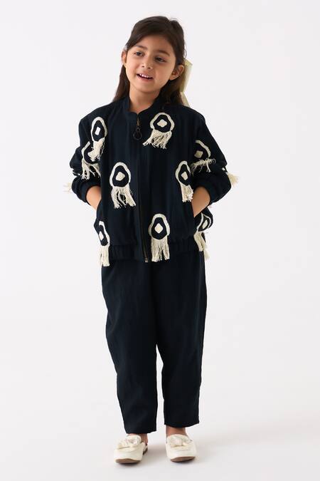 Shop_Three_Black Handloom Cotton Embroidered Fringe Bomber Jacket _Online_at_Aza_Fashions