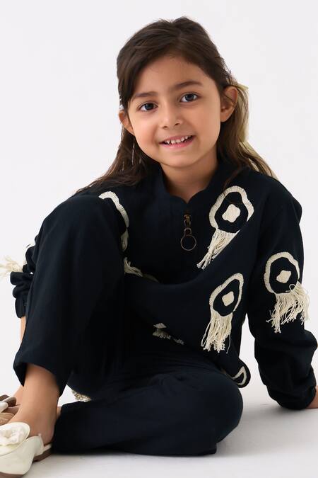 Three_Black Handloom Cotton Embroidered Fringe Bomber Jacket _at_Aza_Fashions
