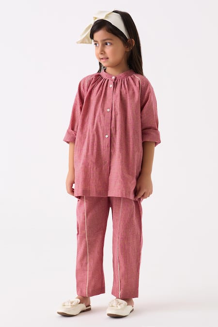 THREE Gathered Neck Checked Shirt With Pant 