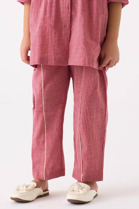 Three Pink Mul Printed Applique Gathered Neck Checked Shirt With Pant Online at Aza Fashions Three_Pink Mul Printed Applique Gathered Neck Checked Shirt With Pant_Online_at_Aza_Fashions