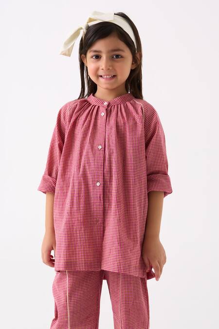 Buy Three Pink Mul Printed Applique Gathered Neck Checked Shirt With Pant Online at Aza Fashions Buy_Three_Pink Mul Printed Applique Gathered Neck Checked Shirt With Pant_Online_at_Aza_Fashions