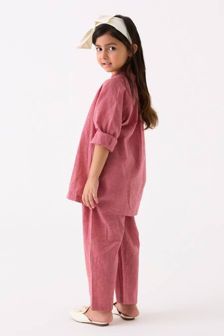 Shop Three Pink Mul Printed Applique Gathered Neck Checked Shirt With Pant Online at Aza Fashions Shop_Three_Pink Mul Printed Applique Gathered Neck Checked Shirt With Pant_Online_at_Aza_Fashions